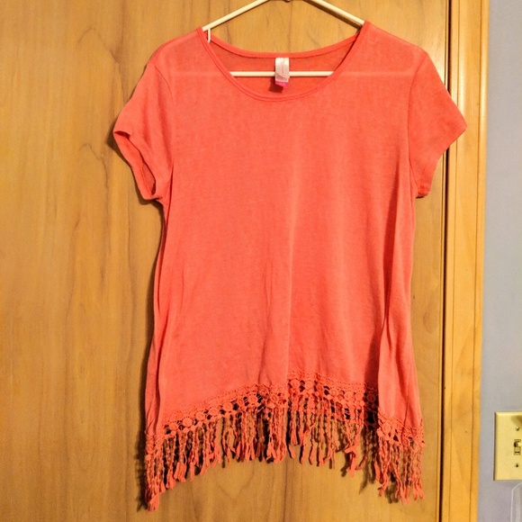 No Boundaries Tops - XL Corral Orange Sheer Tshirt w/Fringe Detail